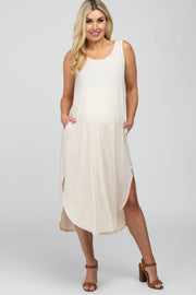 Beige Sleeveless Ribbed Curved Hem Maternity Maxi Dress