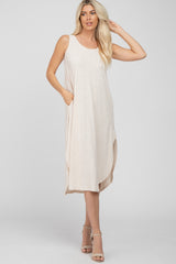 Beige Sleeveless Ribbed Curved Hem Maternity Maxi Dress