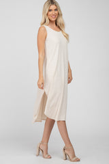 Beige Sleeveless Ribbed Curved Hem Maxi Dress