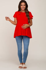 Red Ruffle Sleeve Tiered Maternity Top