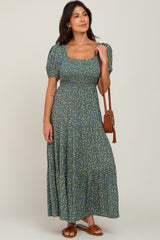 Green Floral Smocked Tiered Maternity Maxi Dress