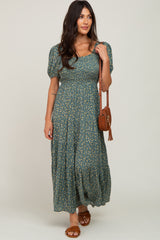 Green Floral Smocked Tiered Maxi Dress