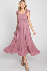 Mauve Smocked Ruffle Accent Sleeveless Midi Dress