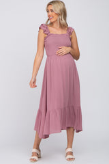 Mauve Smocked Ruffle Accent Sleeveless Maternity Midi Dress