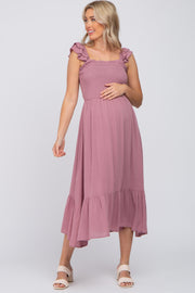 Mauve Smocked Ruffle Accent Sleeveless Maternity Midi Dress