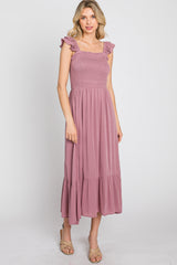 Mauve Smocked Ruffle Accent Sleeveless Midi Dress