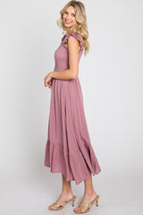 Mauve Smocked Ruffle Accent Sleeveless Midi Dress