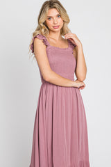 Mauve Smocked Ruffle Accent Sleeveless Midi Dress