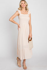 Beige Smocked Ruffle Accent Sleeveless Midi Dress