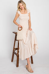 Beige Smocked Ruffle Accent Sleeveless Midi Dress