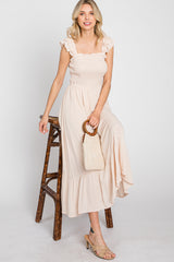 Beige Smocked Ruffle Accent Sleeveless Midi Dress