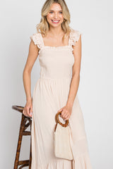 Beige Smocked Ruffle Accent Sleeveless Midi Dress