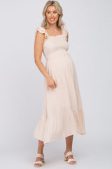 Beige Smocked Ruffle Accent Sleeveless Maternity Midi Dress