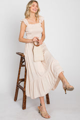 Beige Smocked Ruffle Accent Sleeveless Maternity Midi Dress