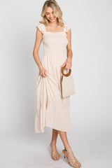 Beige Smocked Ruffle Accent Sleeveless Midi Dress