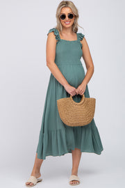 Green Smocked Ruffle Accent Sleeveless Maternity Midi Dress