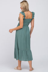 Green Smocked Ruffle Accent Sleeveless Maternity Midi Dress