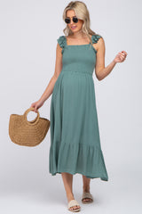 Green Smocked Ruffle Accent Sleeveless Maternity Midi Dress