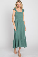 Green Smocked Ruffle Accent Sleeveless Maternity Midi Dress