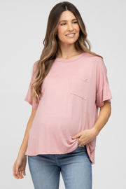 Pink Pocket Front Short Sleeve Maternity Top