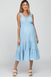 Light Blue Sleeveless Smocked Waist Maternity Midi Dress