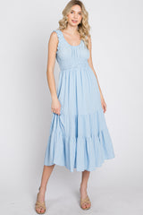 Light Blue Sleeveless Smocked Waist Midi Dress