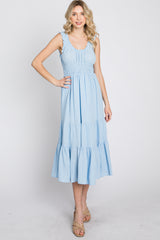 Light Blue Sleeveless Smocked Waist Midi Dress