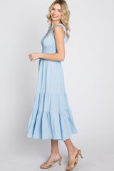 Light Blue Sleeveless Smocked Waist Midi Dress