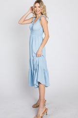 Light Blue Sleeveless Smocked Waist Midi Dress