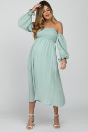 Mint Green Square Neck Puff Ruffle Sleeve Maternity Midi Dress