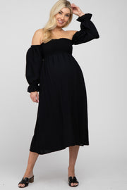 Black Square Neck Puff Ruffle Sleeve Maternity Midi Dress