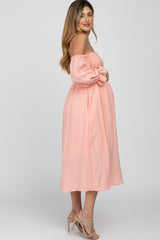 Peach Square Neck Puff Ruffle Sleeve Maternity Midi Dress