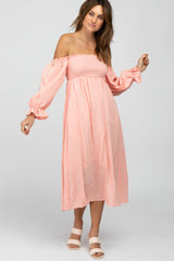 Peach Square Neck Puff Ruffle Sleeve Maternity Midi Dress