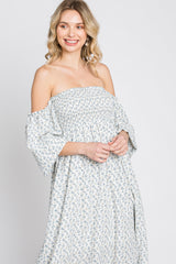 Blue Ditsy Floral Smocked Off Shoulder Dress