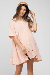 Peach Button Up Cuff Sleeve Maternity Dress