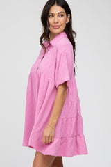 Pink Button Up Cuff Sleeve Dress