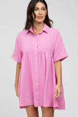 Pink Button Up Cuff Sleeve Dress