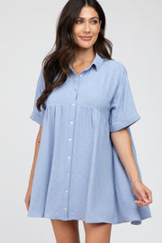 Light Blue Button Up Cuff Sleeve Dress