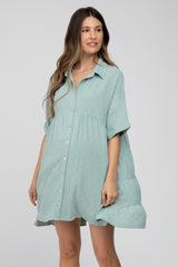 Mint Green Button Up Cuff Sleeve Maternity Dress