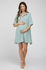 Mint Green Button Up Cuff Sleeve Maternity Dress