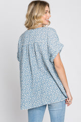 Blue Floral Raw Hem Cuffed Top