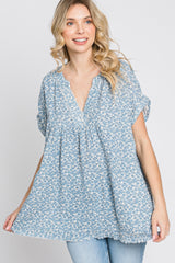 Blue Floral Raw Hem Cuffed Top