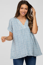 Blue Floral Raw Hem Cuffed Maternity Top