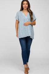 Blue Floral Raw Hem Cuffed Maternity Top