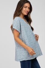 Blue Floral Raw Hem Cuffed Maternity Top