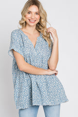 Blue Floral Raw Hem Cuffed Maternity Top