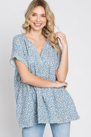 Blue Floral Raw Hem Cuffed Top