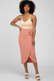 Salmon Ribbed Wrap Midi Skirt