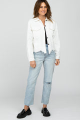 White Corduroy Distressed Hem Cropped Maternity Jacket