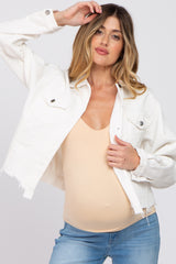 White Corduroy Distressed Hem Cropped Maternity Jacket